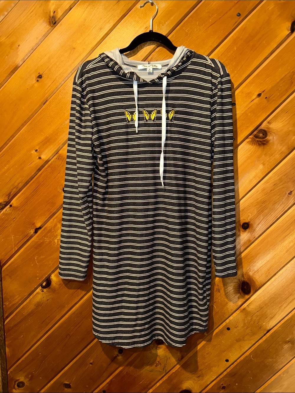 Vine and Valley striped embroidered butterfly hooded long sleeve dress